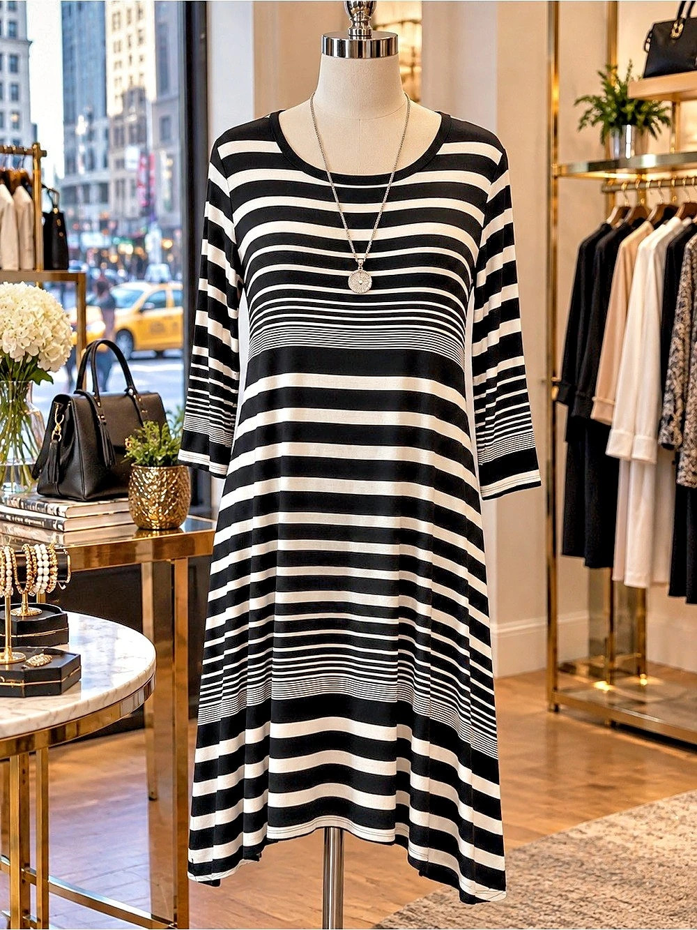 AB Studio Striped Midi Dress in Black & White Size XL Like New